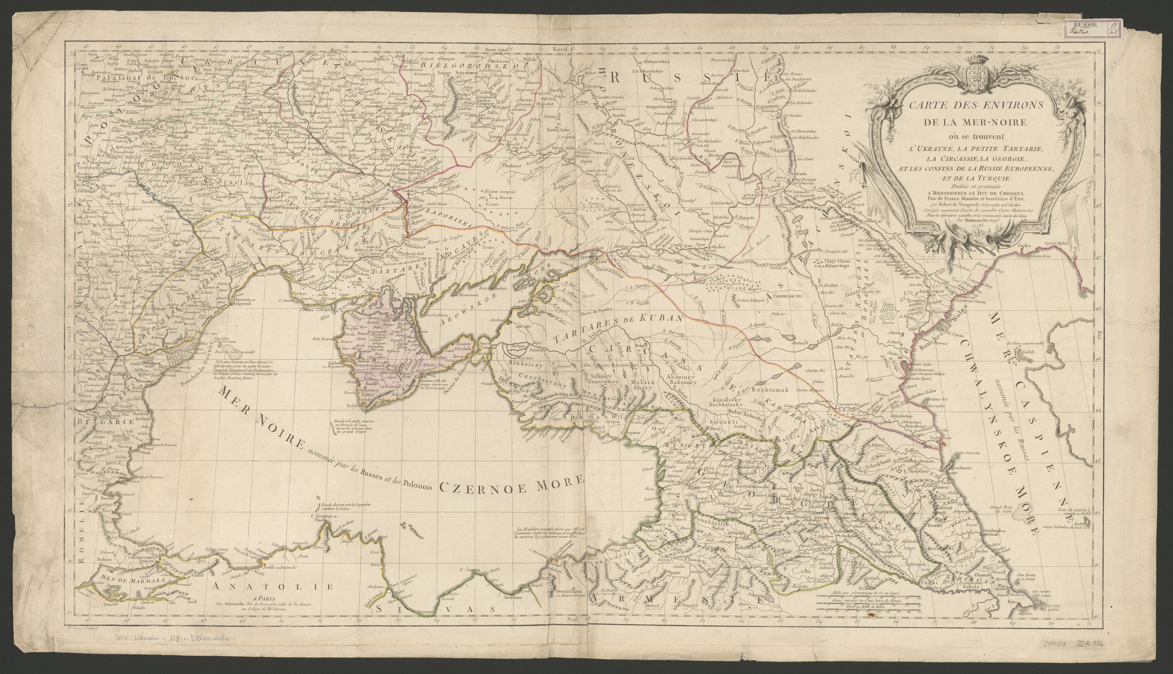 Carte des environs de la Mer-Noire où se trouvent l'Ukrayne, la Petite Tartarie, la Circassie, la Georgie, et […]